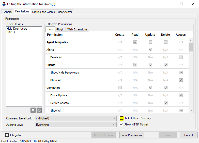 ticket based security permissions tab